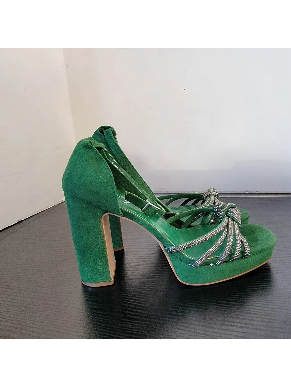 Vivianly Green Faux Suede Rhinestone Knot Platform Heels